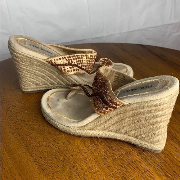 Steve Madden Shoes - Steve Madden Beaded Sequin Gold Brown Sandal Wedge espadrilles